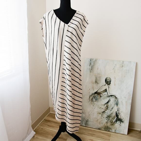 For Cynthia Dresses & Skirts - For Cynthia Linen Blend Asymmetrical Striped Midi Shift Dress size XL